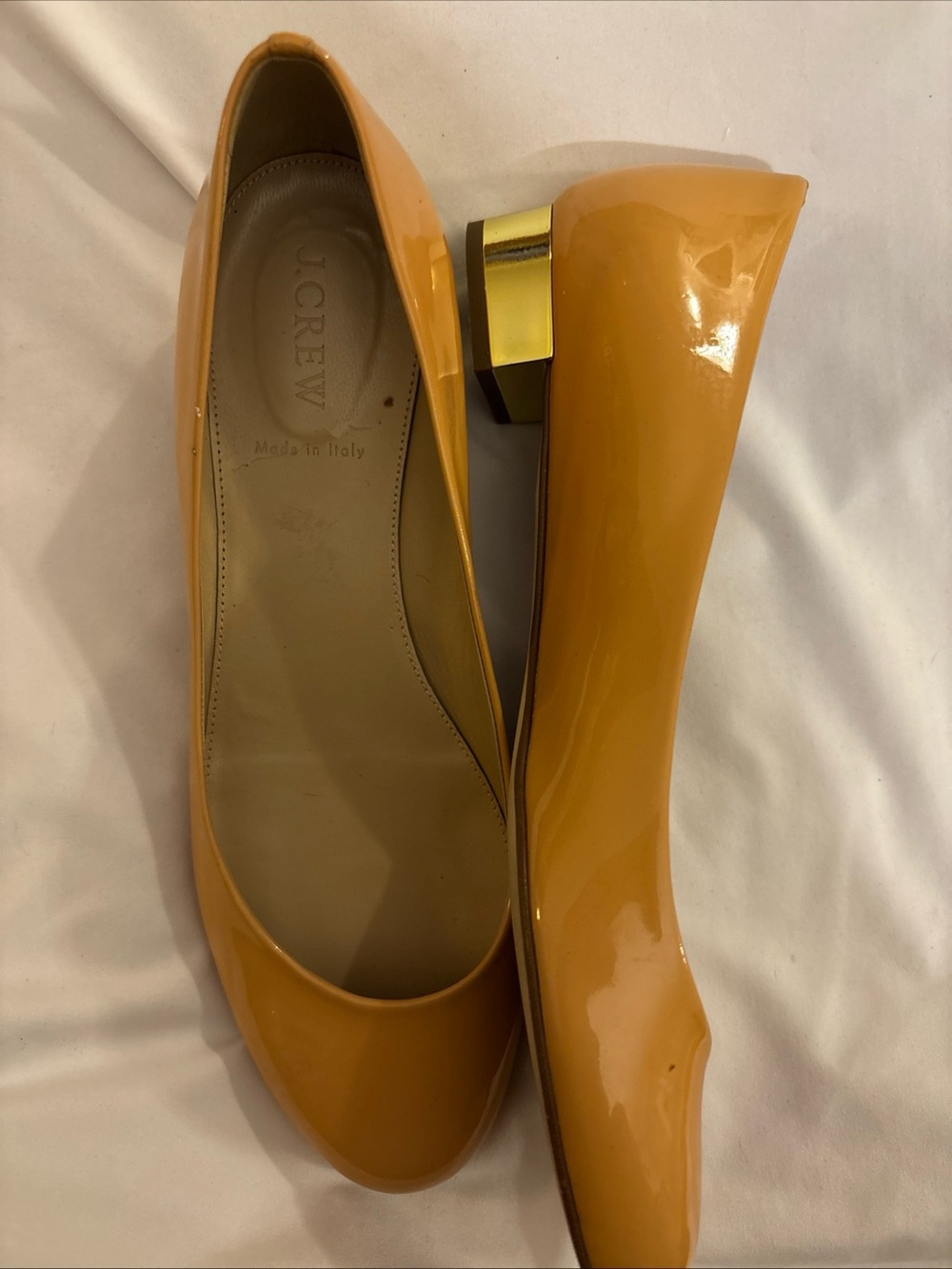 J.Crew Women's Apricot Patent Leather Block metallic Heel Flats Size 9